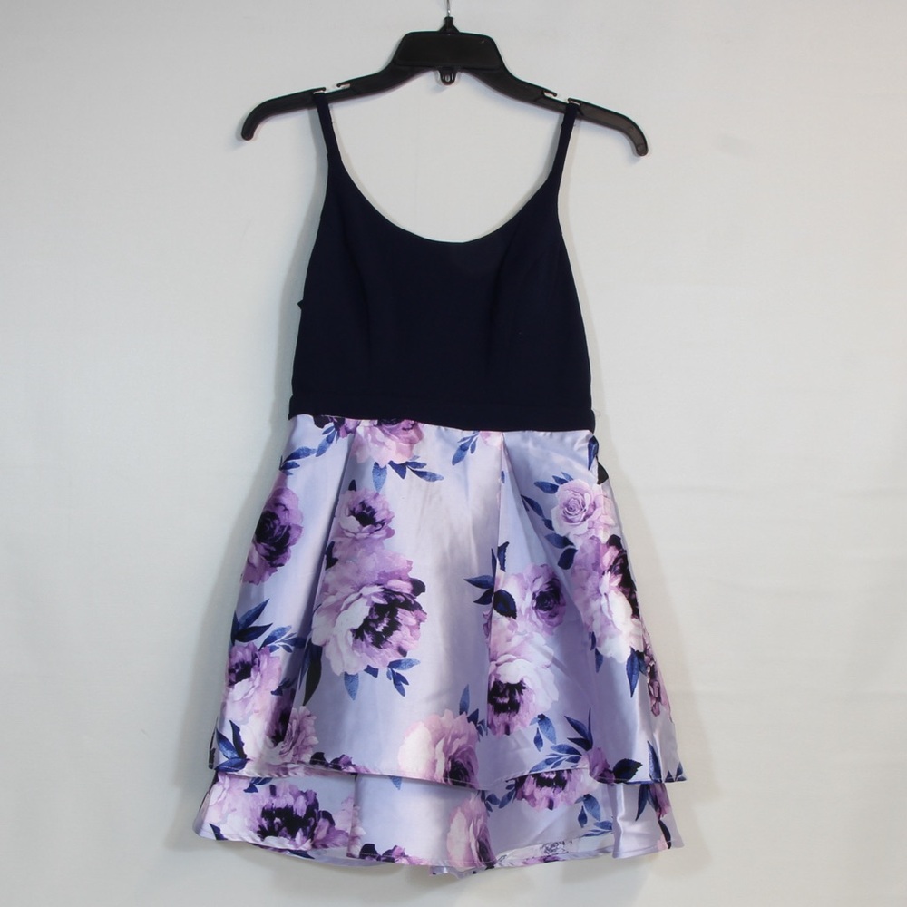 Xtraordinary Lilac Navy Satin Sleeveless Floral Bottom Mini Cocktail Dress NWT